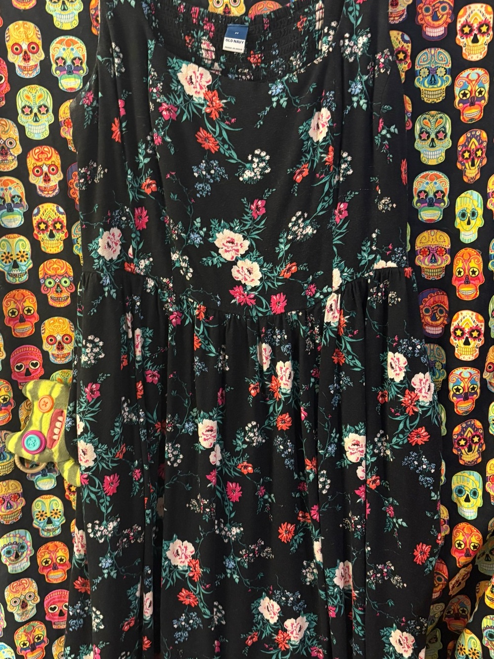 Old Navy Black Floral Dress with Multicolor Skull Lining